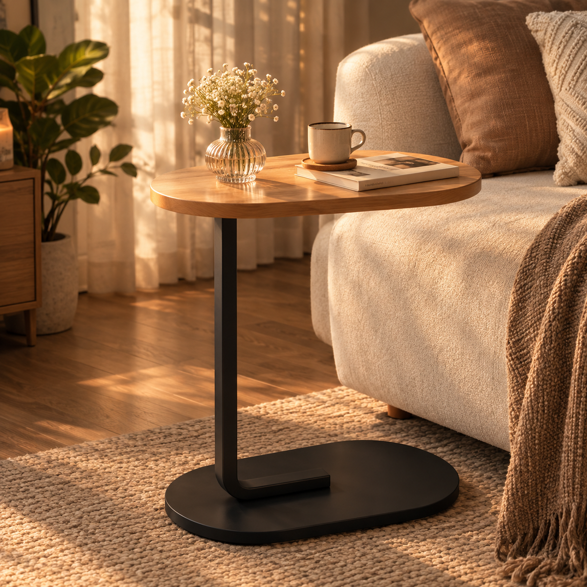 Minimalist C-Table | Sofa Side Table with Wood Top