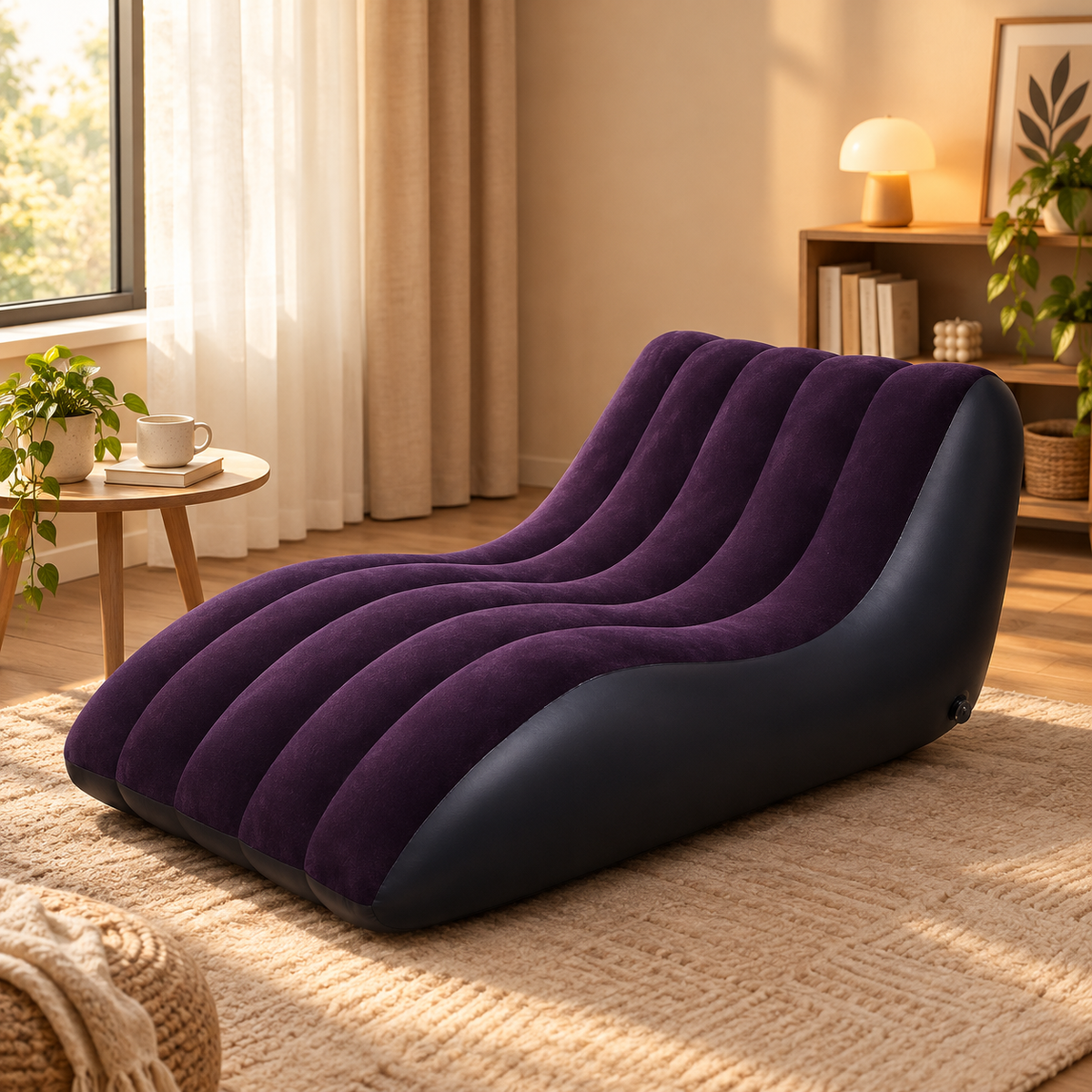 Inflatable S-Shape Lounge Chair, Flocked Velvet Air Sofa